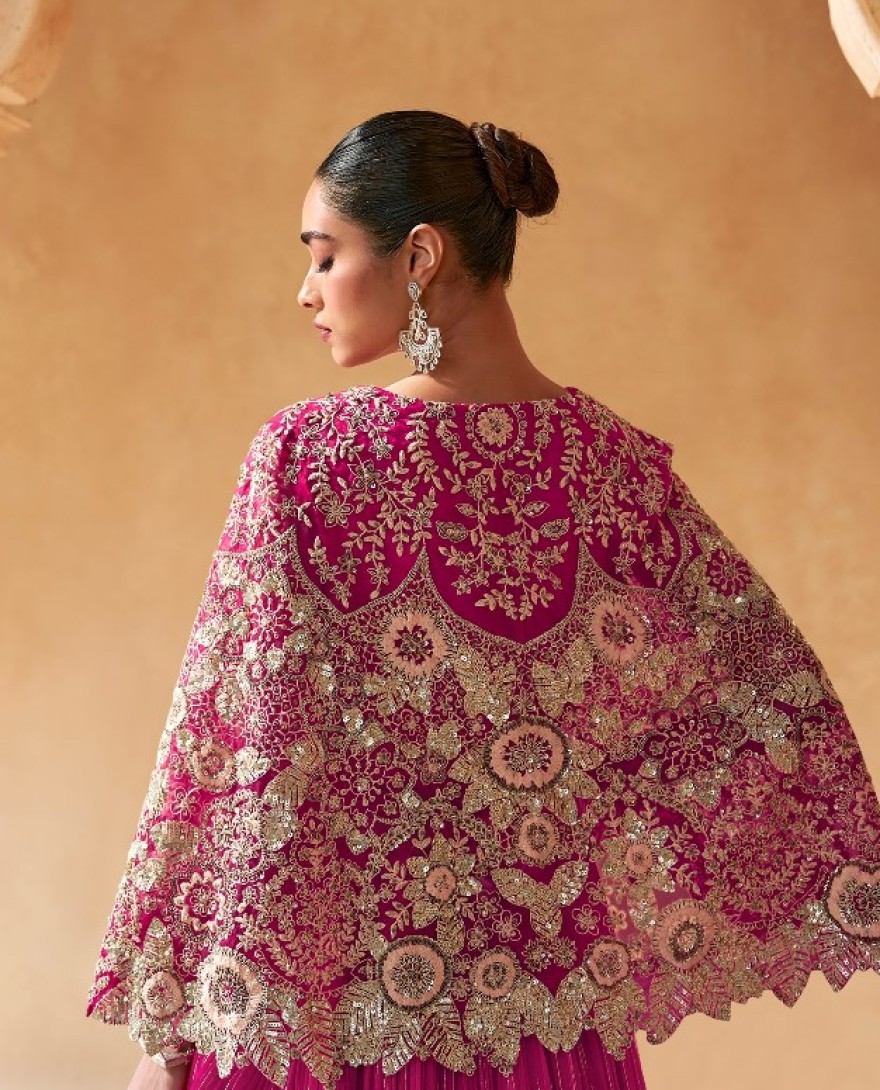 5604 - PINK CROP TOP VISCOS JACQUARD SKIRT FRONT AND BACK EMBROIDERED WITH CANCAN 